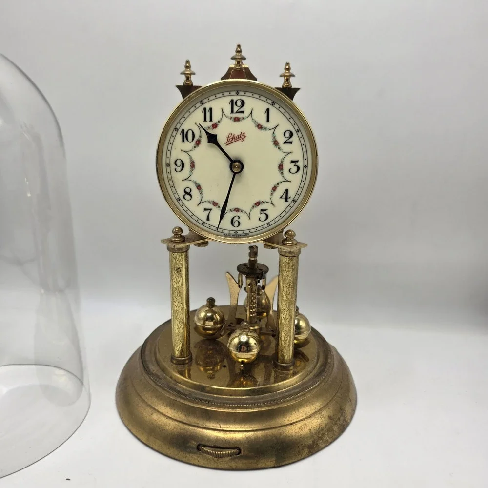 Schatz Anniversary Clock Brass German Mechanical Floral Dial Dome For Parts Only